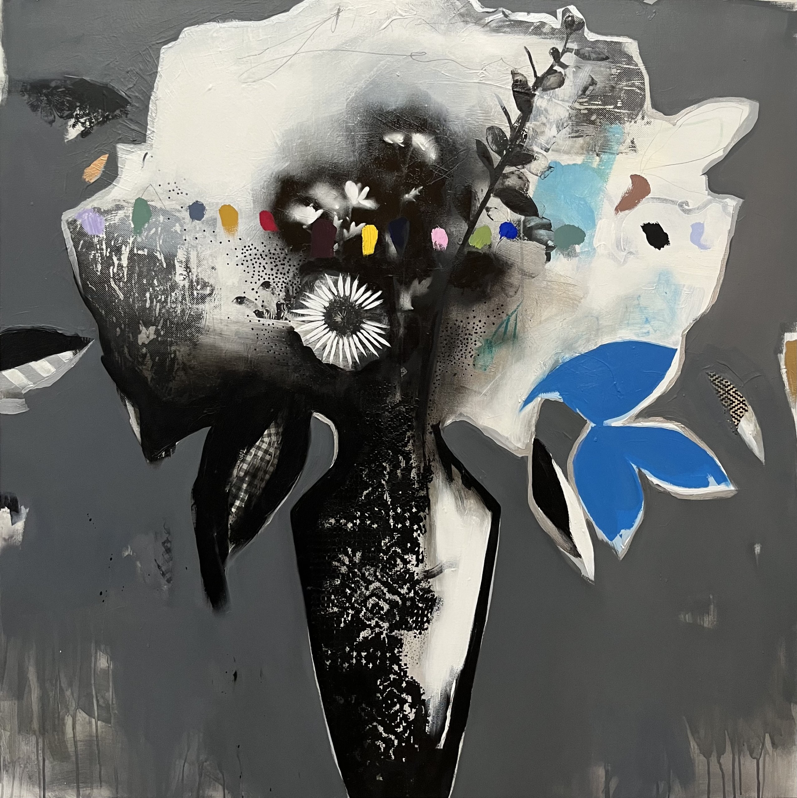 Image of Contemporary art piece titled Black and White Bouquet (blue leaves) by Emily Filler  